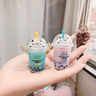 Cartoon Cute Cat Keychain Milk Tea Cup Liquid Quicksand Sequin Key Ring Charm