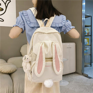 Kawaii Bunny Backpack Japanese White School Bag 3D Rabbit Tail Bag Large Capacity Waterproof Female Bag Mochila