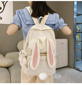 Kawaii Bunny Backpack Japanese White School Bag 3D Rabbit Tail Bag Large Capacity Waterproof Female Bag Mochila